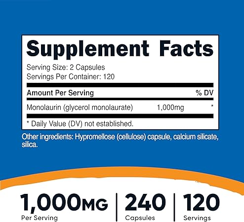 Monolaurin Capsules 240 Count 1000 Mg by Nutricost