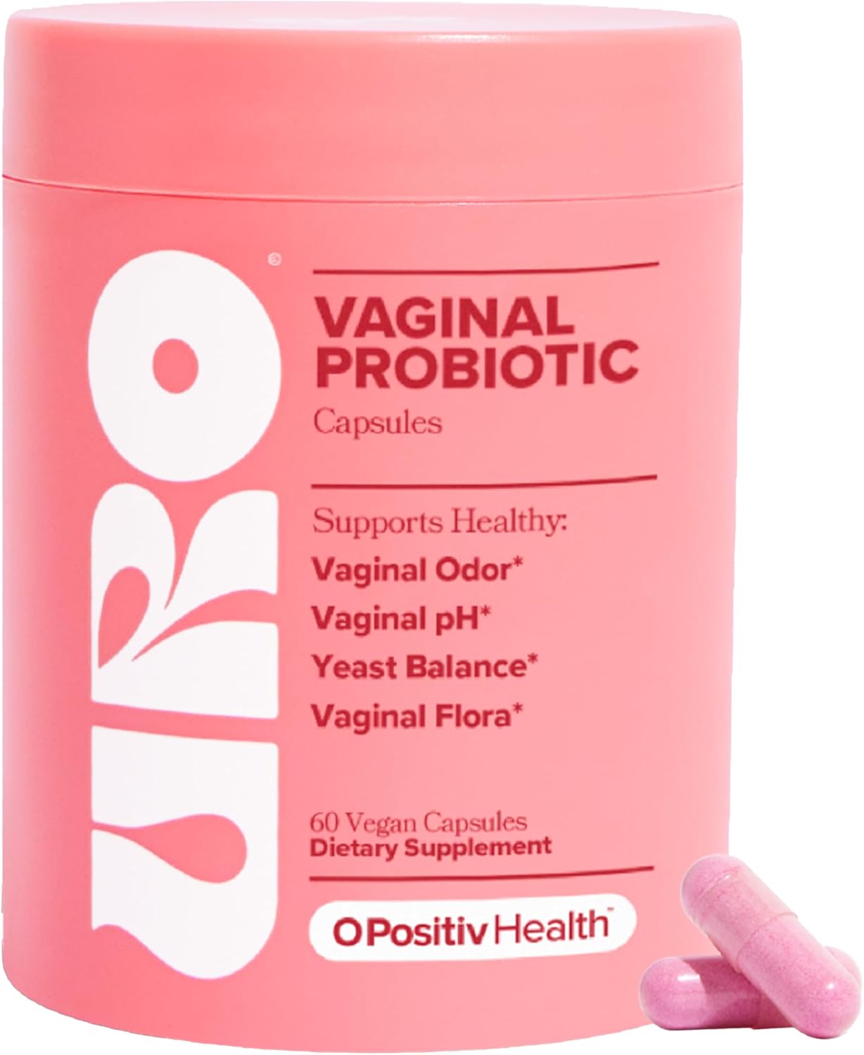 Pink container of vaginal probiotics for women capsules supporting vaginal health by OPositiv Health