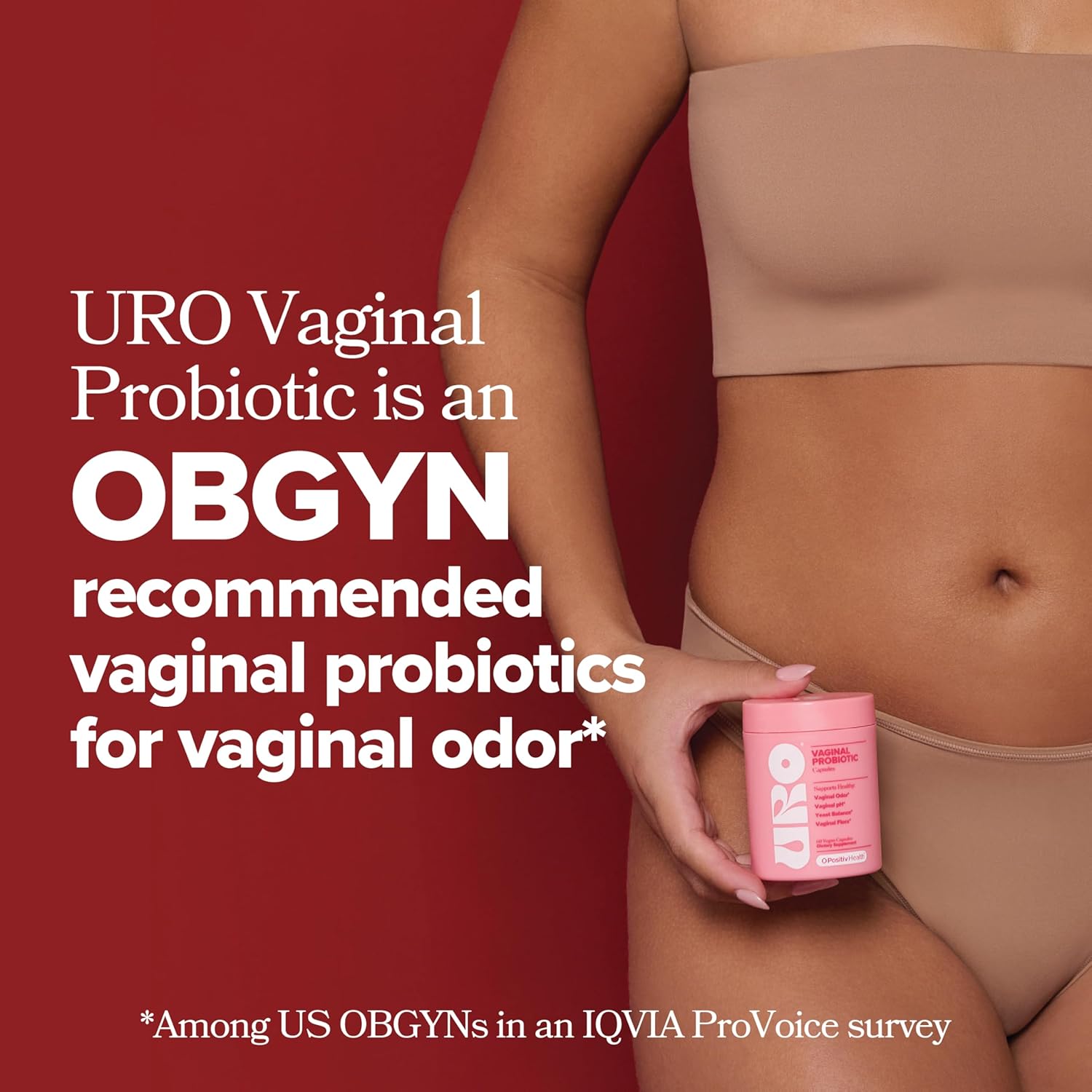 Woman holding URO Vaginal Probiotic container promoting vaginal probiotics for women with OBGYN recommendation