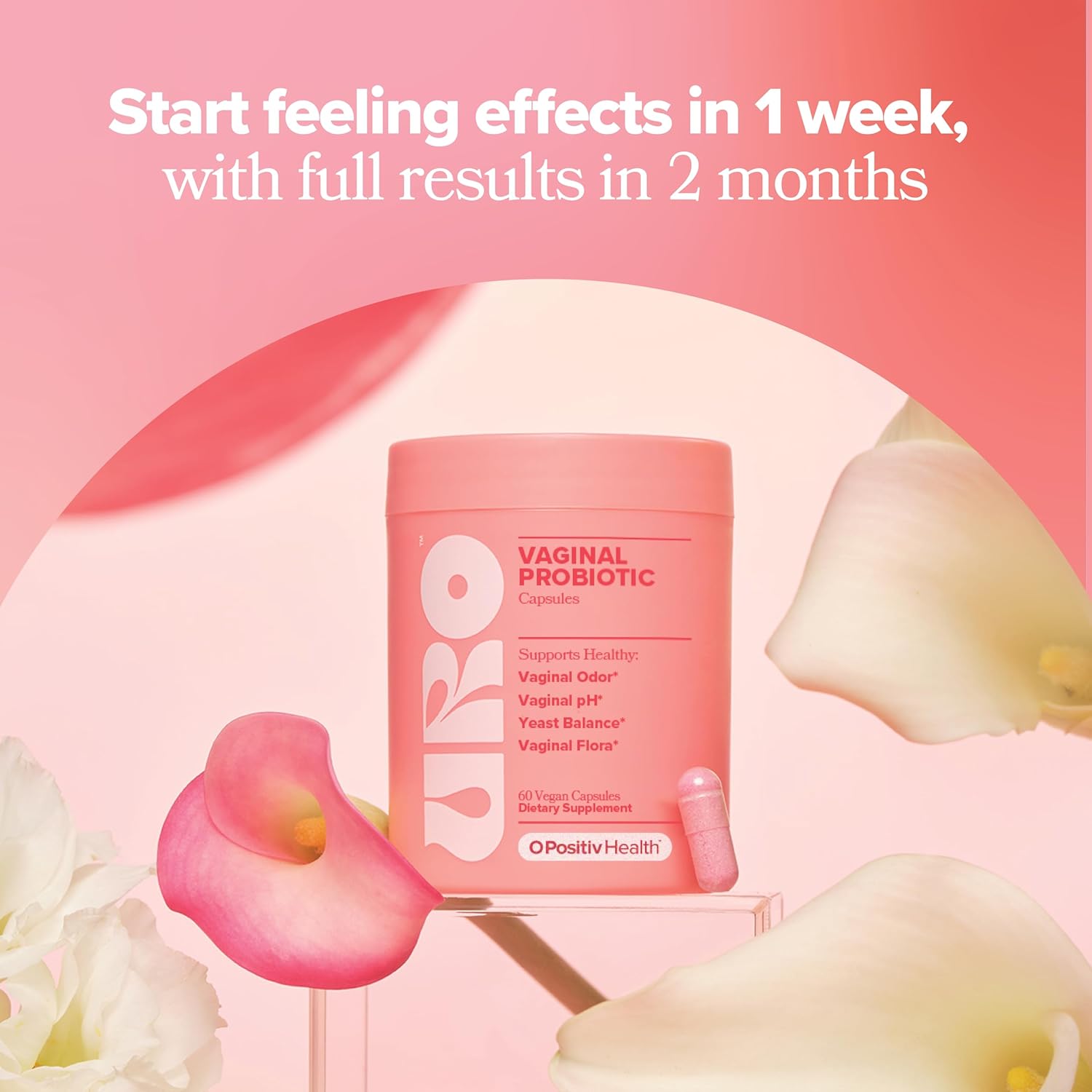Vaginal probiotics for women supplement bottle with pink flowers promoting healthy vaginal balance
