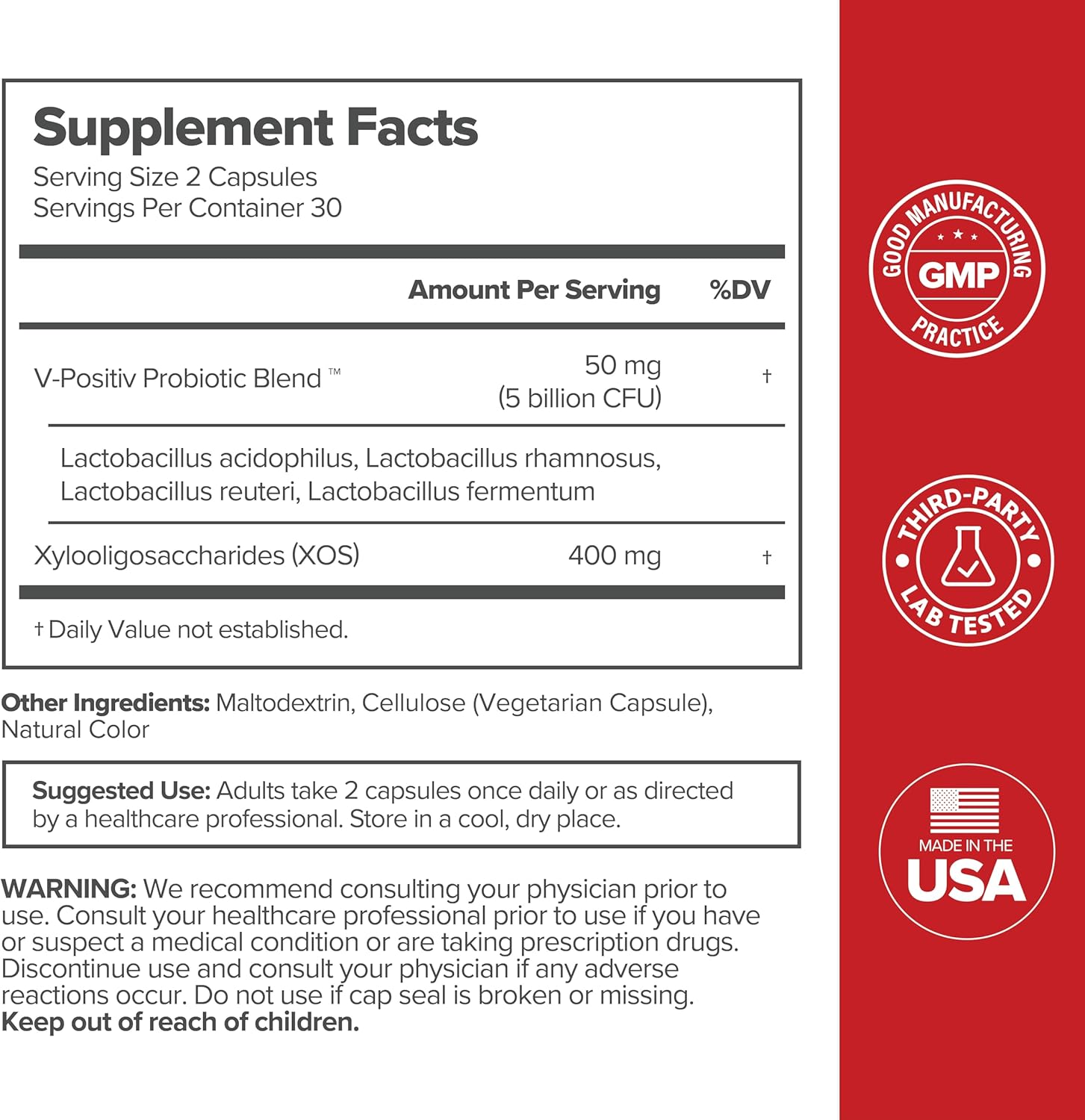 Supplement facts label showing ingredients and usage instructions for vaginal probiotics for women capsules